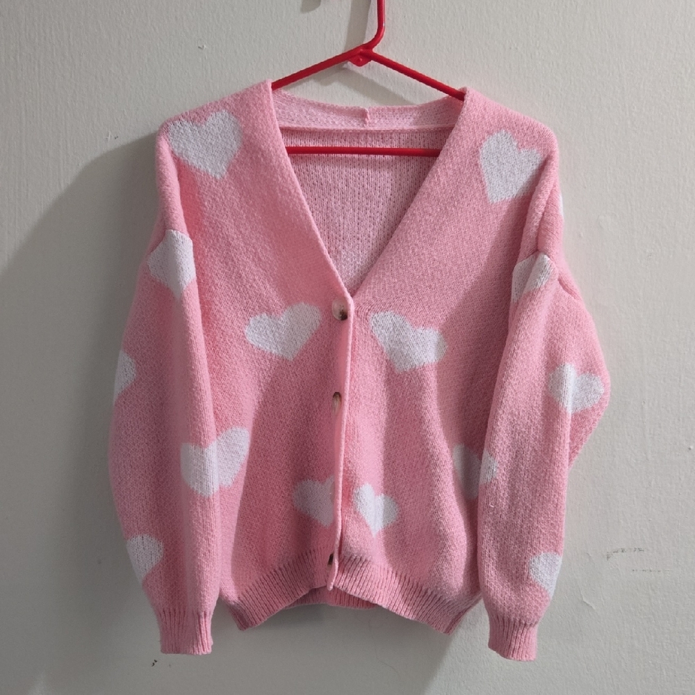 Pink Heart Pattern V-Neck Cardigan Sweater